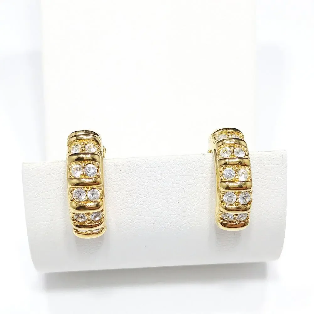 Swarovski Clear Rhinestone Half Hoop Clip On Earrings, Gold Tone, 1990s Vintage